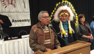 Newly-elected FSIN Chief Bobby Cameron during the swearing in ceremony following his victory. Photo by Mervin Brass.